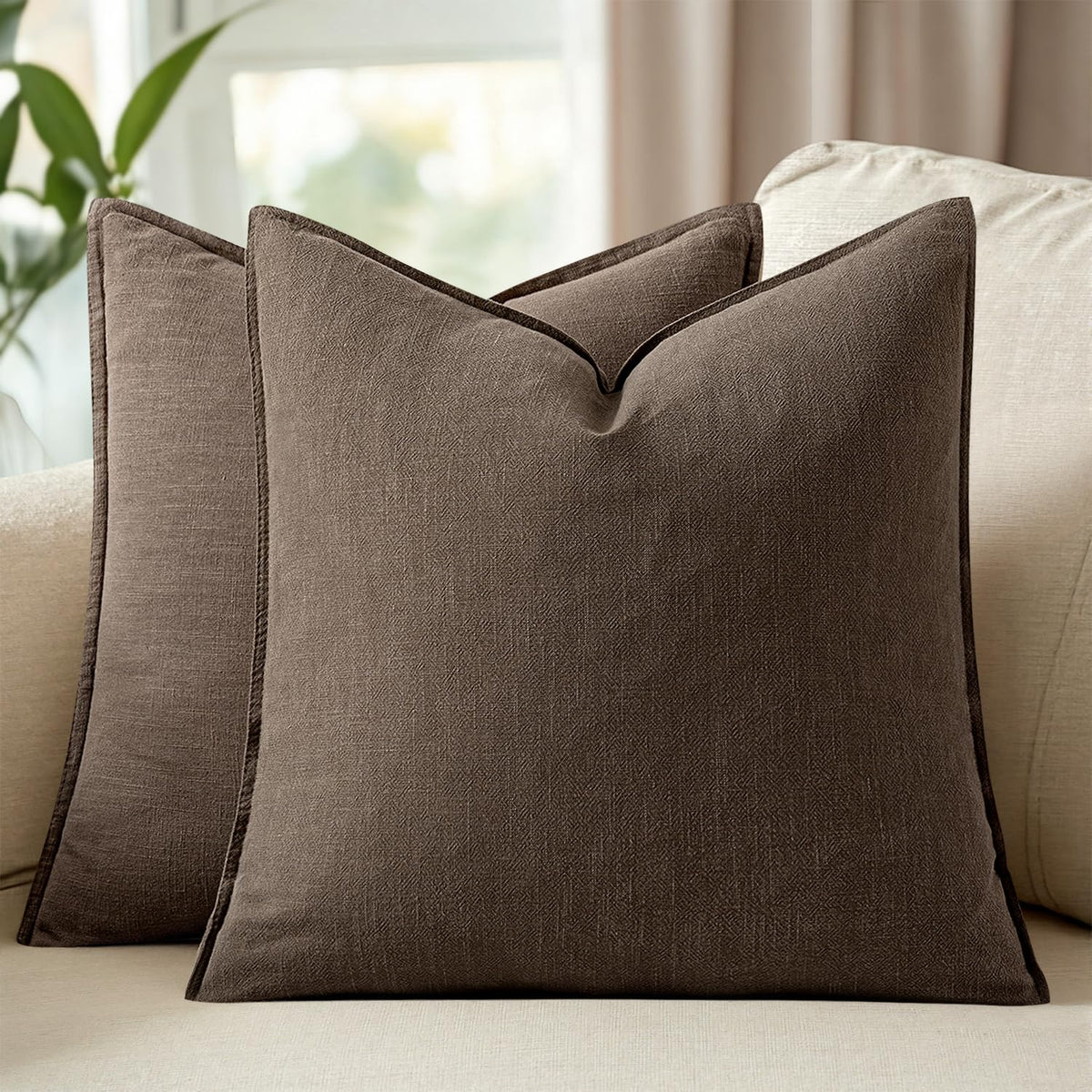 Set of 2 Linen Solid Throw Pillow Covers 20x20 Inch Dark Olive Green