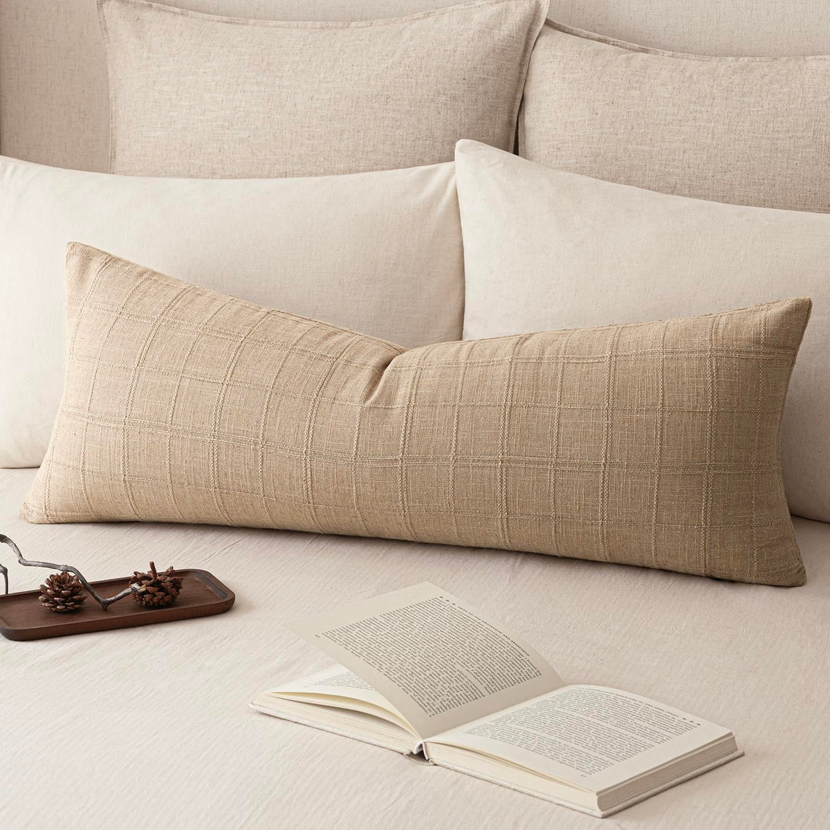 Foindtower Set of 1 Decorative Linen Check Throw Pillow Cover Neutral Farmhouse Lumbar Cushion Cover Modern Boho Home Decor for Sofa Chair Couch Bedroom Living Room,12×20 Inch,Olive Green