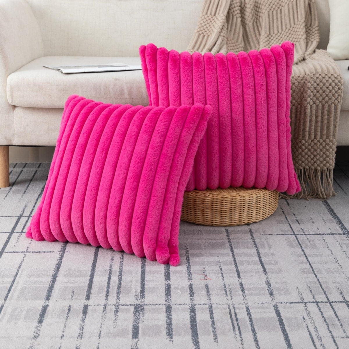 ZLINA Faux Fur Decorative Throw Pillow Covers 22 x 22 Inch,Black