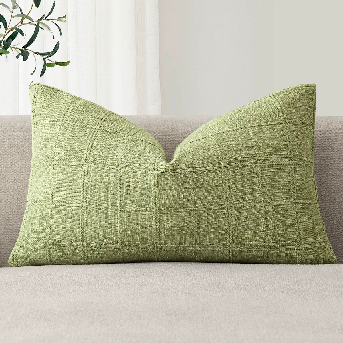 Foindtower Set of 1 Decorative Linen Check Throw Pillow Cover Neutral Farmhouse Lumbar Cushion Cover Modern Boho Home Decor for Sofa Chair Couch Bedroom Living Room,12×20 Inch,Olive Green