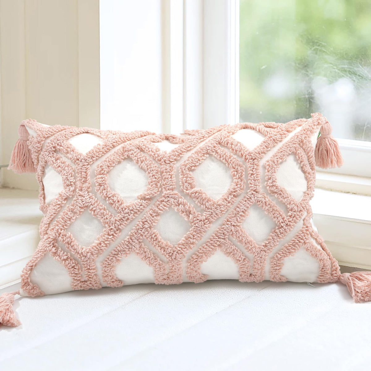 Boho Sofa Throw Pillow Covers – Exquisitely Crafted with Hand-Finished Tuft with Thick Cotton Tassel Details – Soft & Stylish Moroccan Decorative, 18x18inch (Spring Ruched)