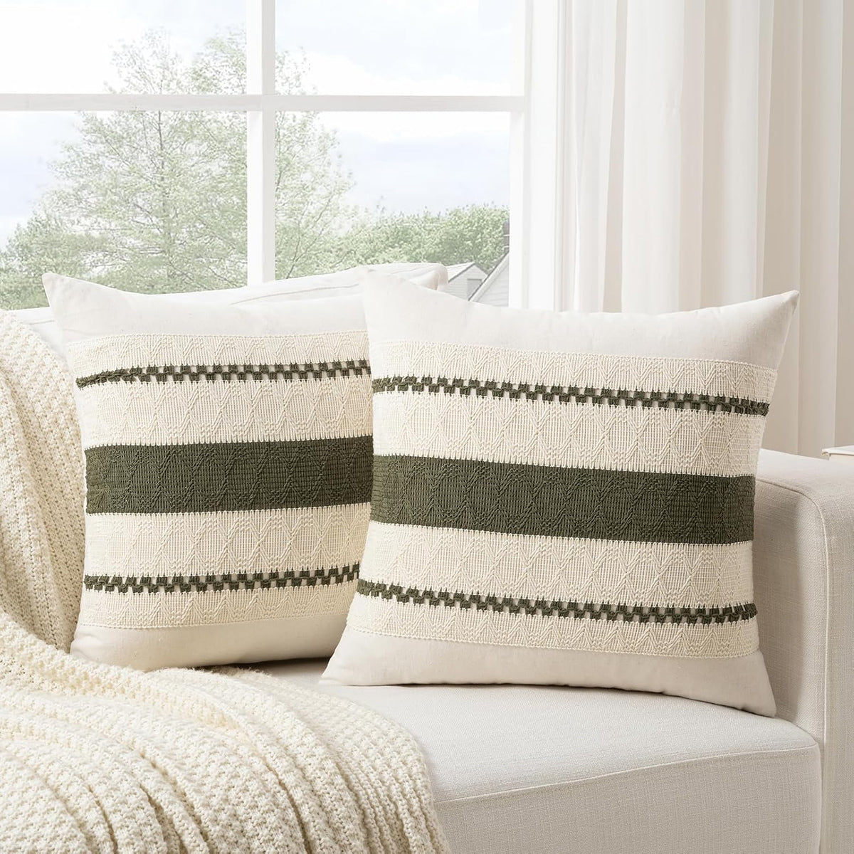 Fancy Homi Set of 2 Boho Olive Green Decorative Throw Pillow Cover 18x18 Inch for Couch Bed Sofa, Aesthetic Modern Organic Farmhouse Home Decor, Soft Cotton Cute Accent Macrame Woven Cushion Case