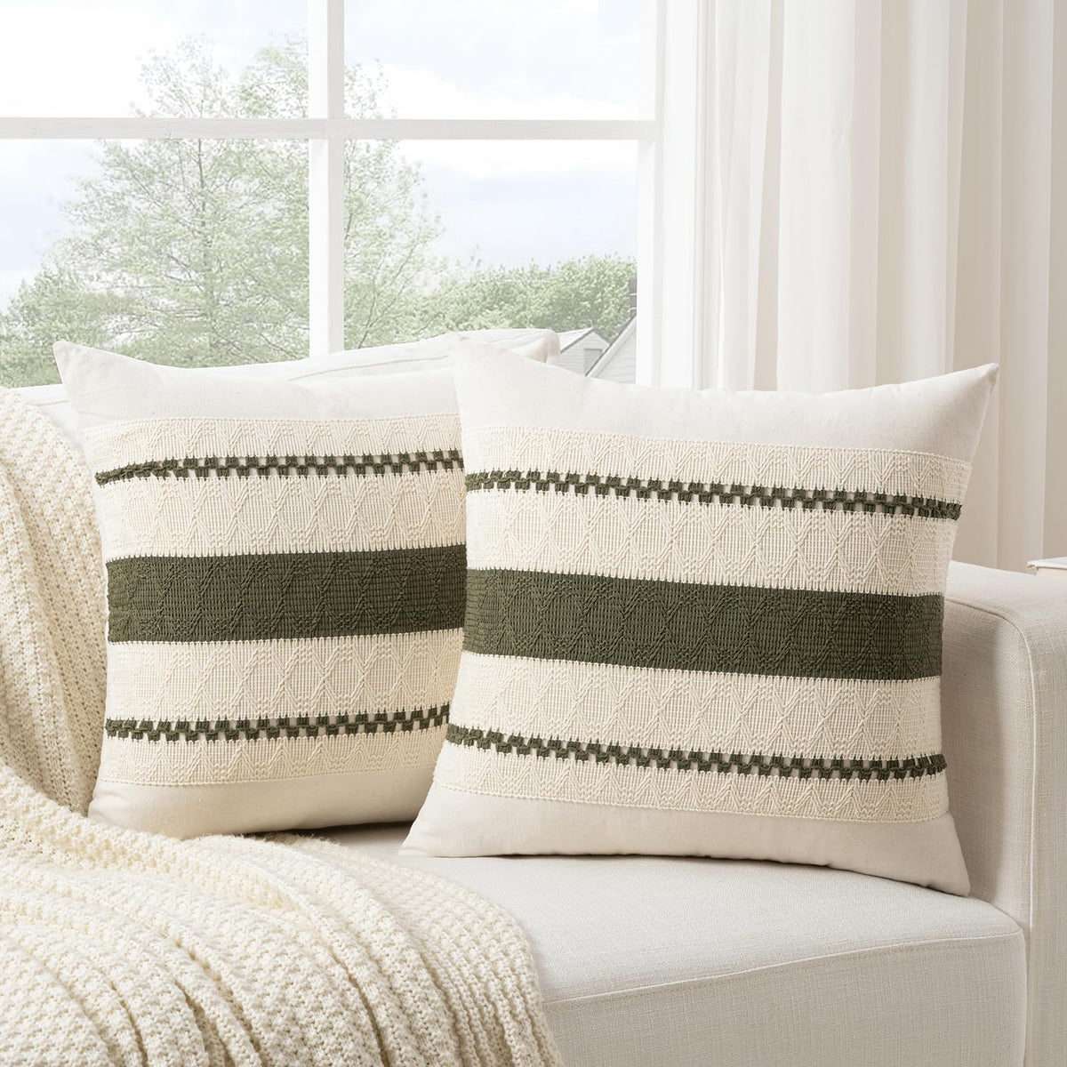 Fancy Homi Set of 2 Boho Olive Green Decorative Throw Pillow Cover 18x18 Inch for Couch Bed Sofa, Aesthetic Modern Organic Farmhouse Home Decor, Soft Cotton Cute Accent Macrame Woven Cushion Case