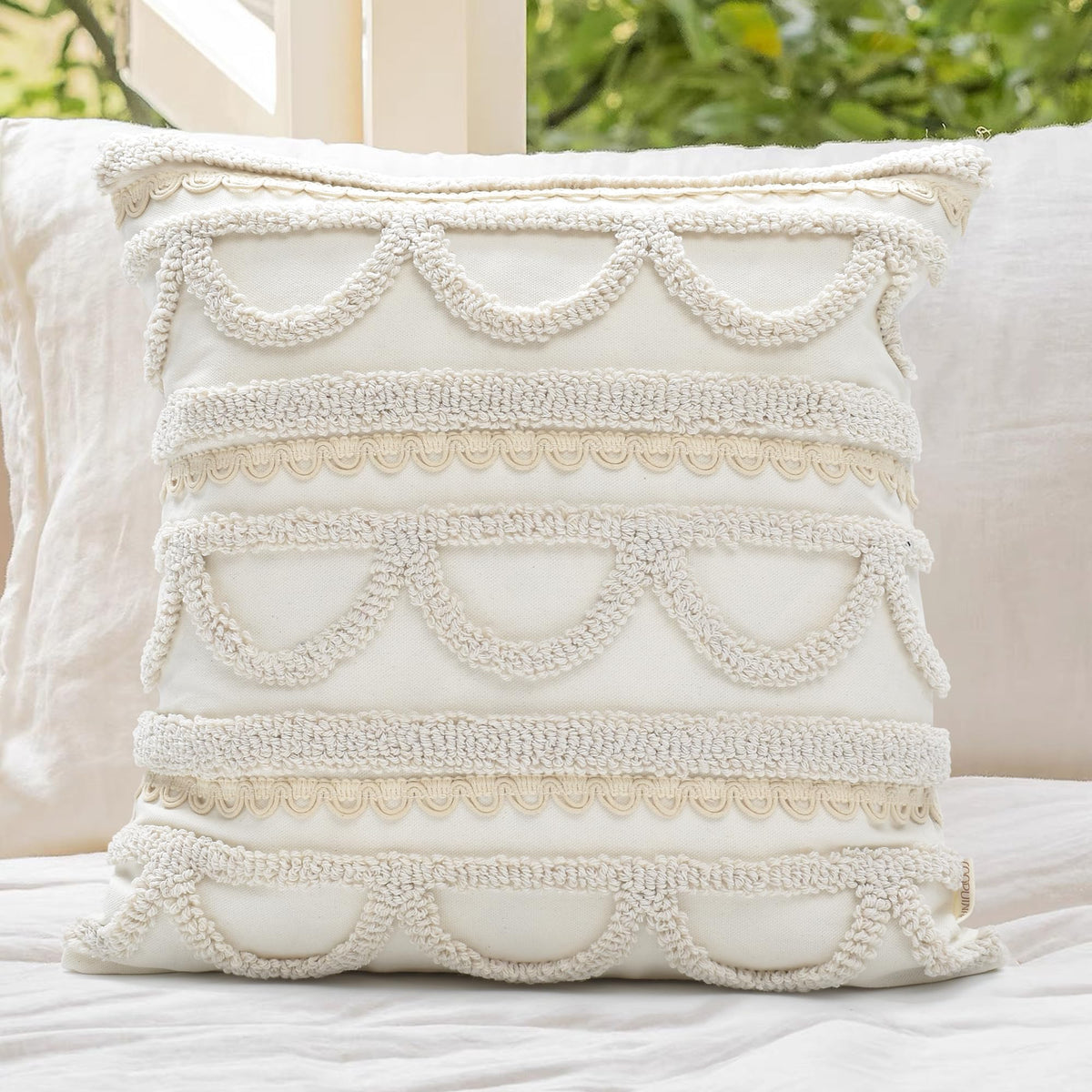 Boho Sofa Throw Pillow Covers – Exquisitely Crafted with Hand-Finished Tuft with Thick Cotton Tassel Details – Soft & Stylish Moroccan Decorative, 18x18inch (Spring Ruched)