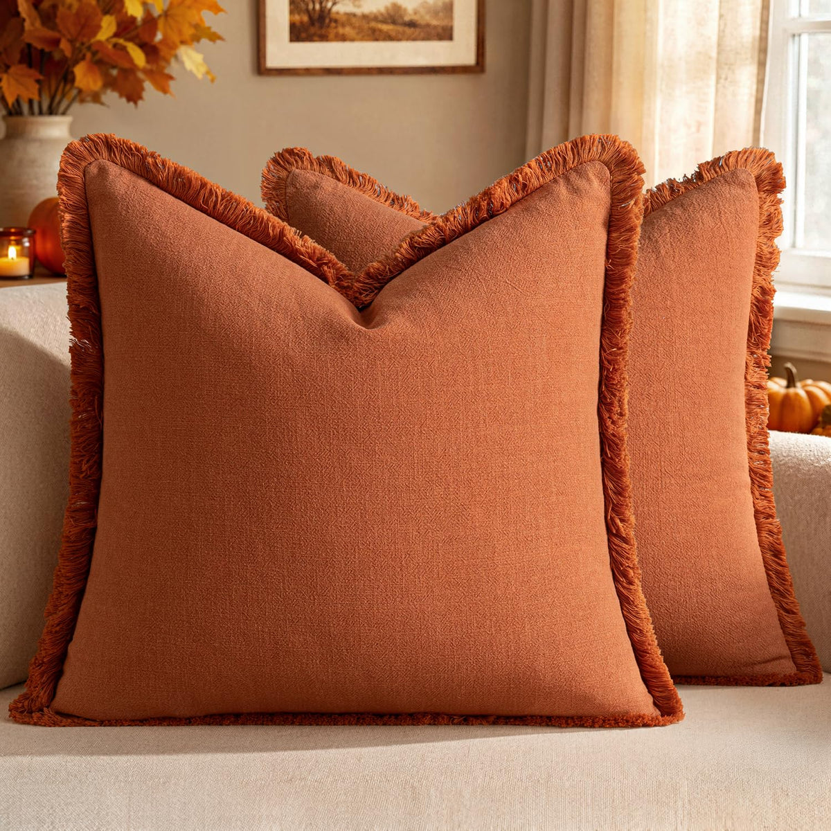 Linen Fringe Throw Pillow Covers 20x20 Inch Set of 2,Navy Blue
