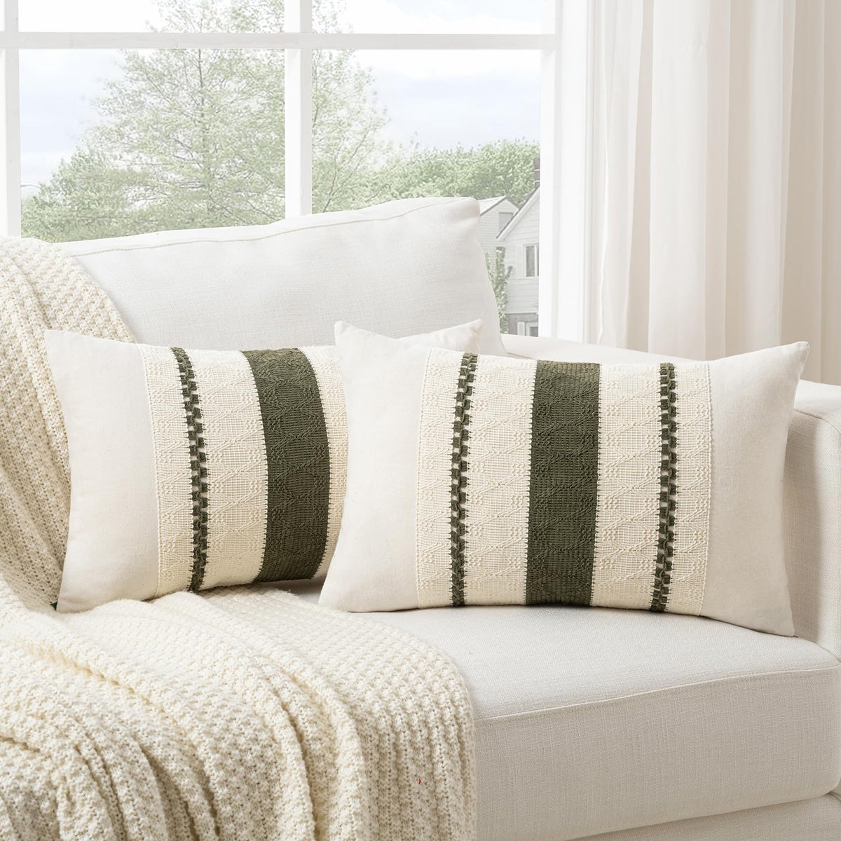 Fancy Homi Set of 2 Boho Olive Green Decorative Throw Pillow Cover 18x18 Inch for Couch Bed Sofa, Aesthetic Modern Organic Farmhouse Home Decor, Soft Cotton Cute Accent Macrame Woven Cushion Case