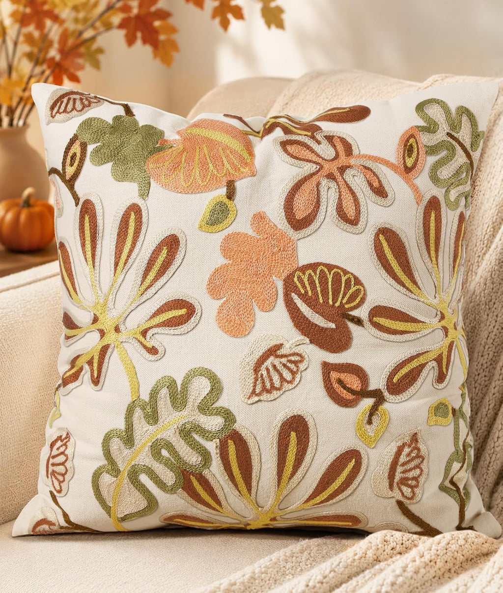 Embroidered Throw Pillow Cover, 18x18 Inch, Fall Abstract Floral