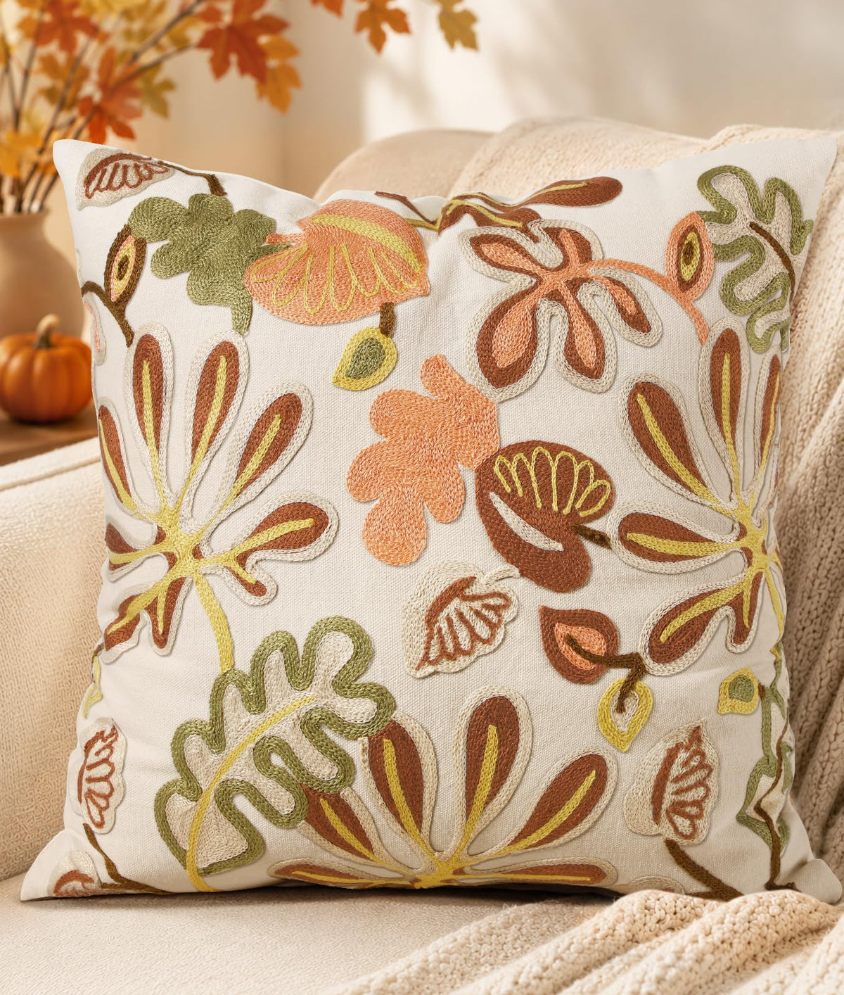 Embroidered Throw Pillow Cover, 18x18 Inch, Fall Abstract Floral