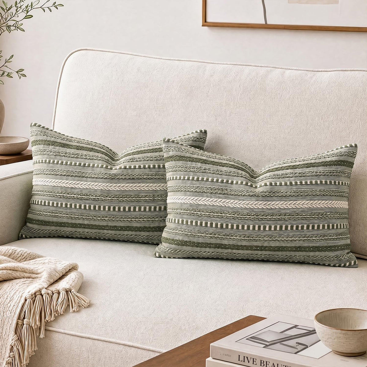AVOIN colorlife Black Boho Decorative Throw Pillow Covers Set of 2, 18 x 18 Inch Woven Stripe Textured Rustic Cushion Case Home Decor for Living Room Couch Sofa