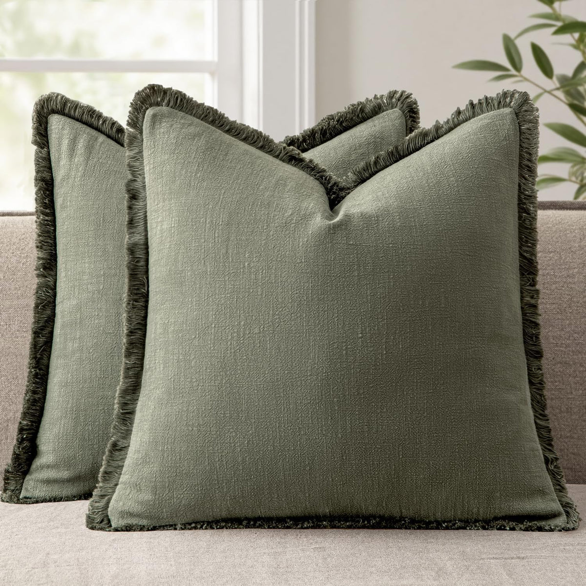 ANRODUO Decorative Linen Fringe Pillow Covers 18×18 Inch Sage Green 2 Pack