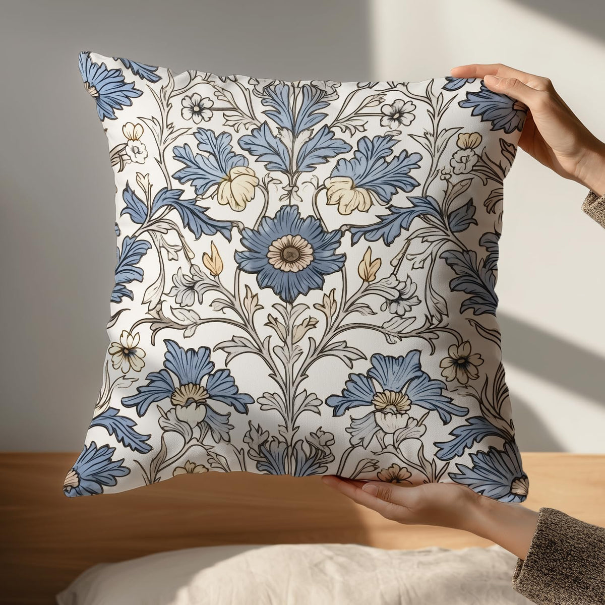 Vintage Blue Floral Throw Pillow Covers 18x18inch,William Morris Inspired Botanical Art Decorative Pillowcase Cushion Cover for Sofa Living Room Bed,Square Home Decor