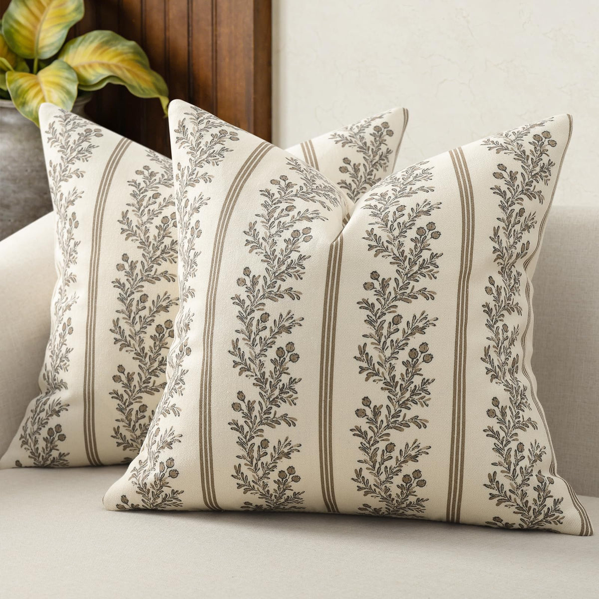 Vintage Throw Pillow Covers 20x20 Set of 2, Striped Floral Pillow Cover Botanical Patterned Decorative Cushion Covers Modern Farmhouse Home Decor for Sofa Couch Bed Living Room, Light Blue