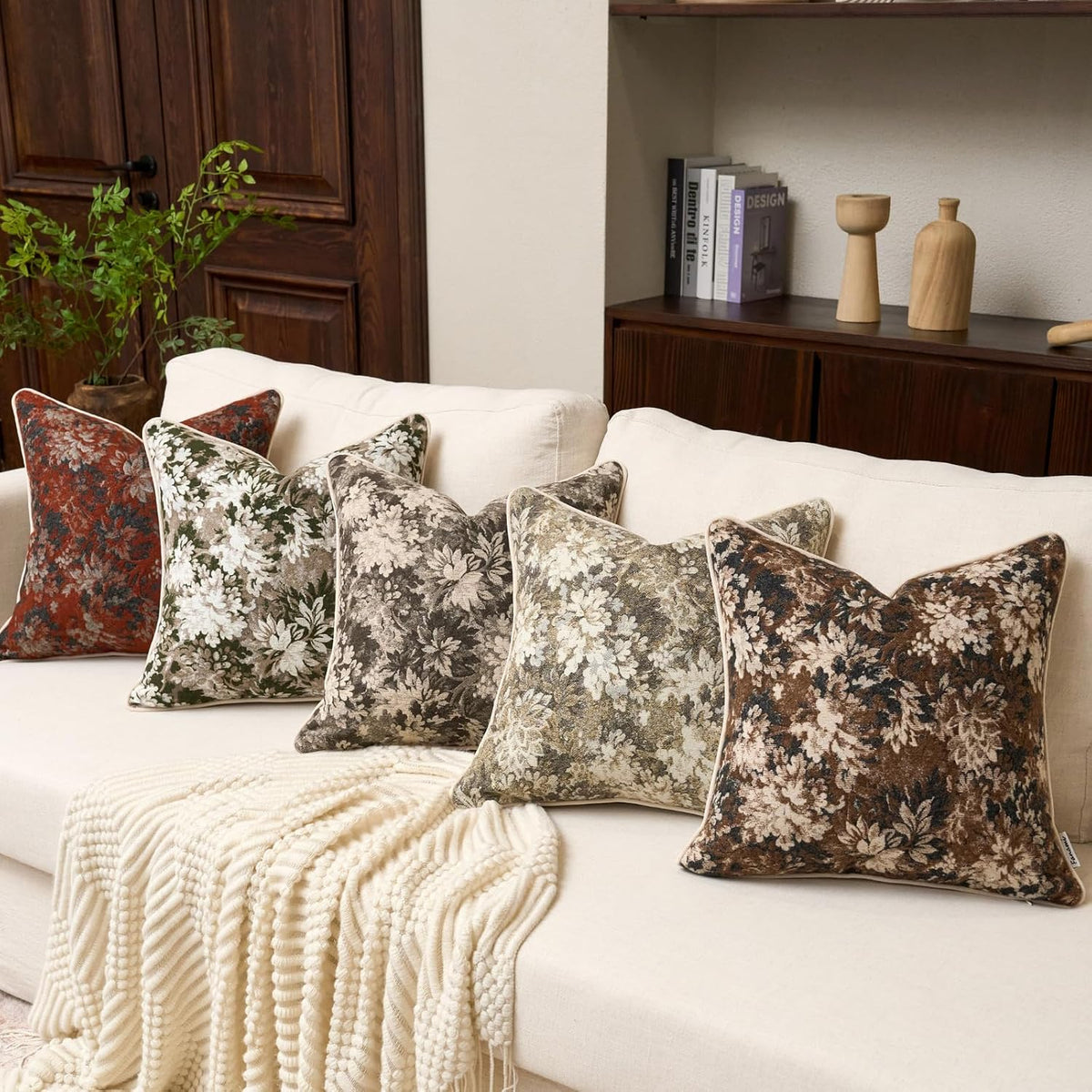 FANAMI Vintage Floral Lumbar Throw Pillow Covers 12x20 Set of 2 Boho Farmhouse Accent Pillowcase Neutral Modern Chenille Rectangle Decorative Cushion Covers for Couch Bed Living Room Home Decor, Rust