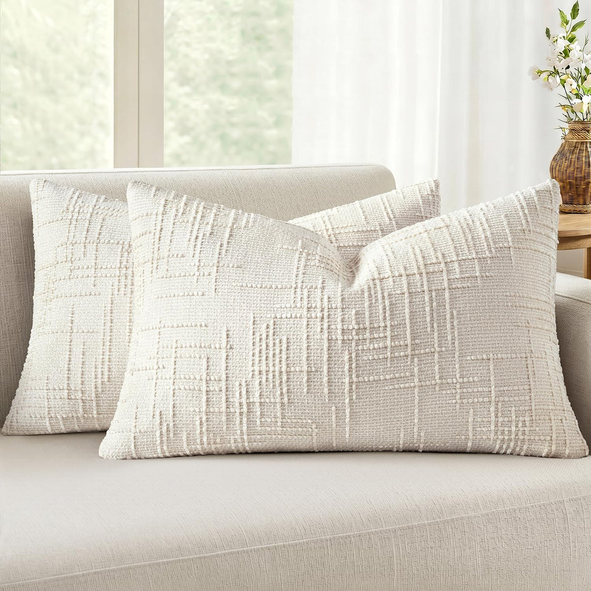 MIULEE Chenille Textured Throw Pillow Covers Cream White 18x18 Set of 2