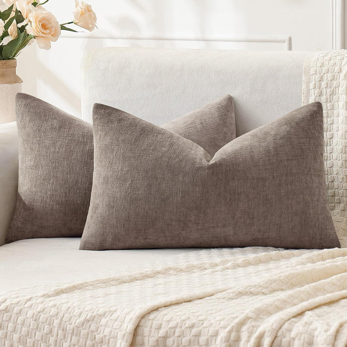 MIULEE Blush Pink Chenille Couch Throw Pillow Covers, 18x18