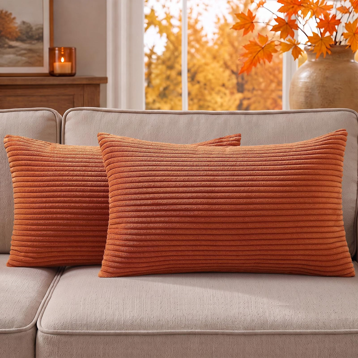 Mecatny Corduroy Fall Throw Pillow Covers 18x18 Set of 2 Cream White