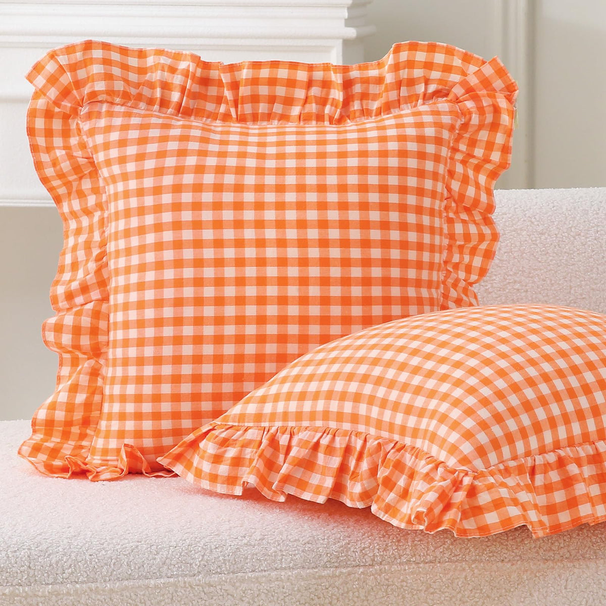 2 Pack Taupe White Gingham Ruffle Throw Pillow Covers 18''x18''