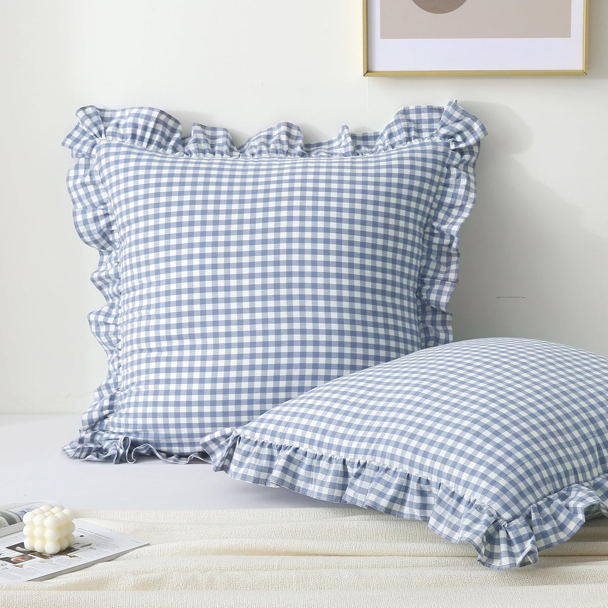 2 Pack Taupe White Gingham Ruffle Throw Pillow Covers 18''x18''