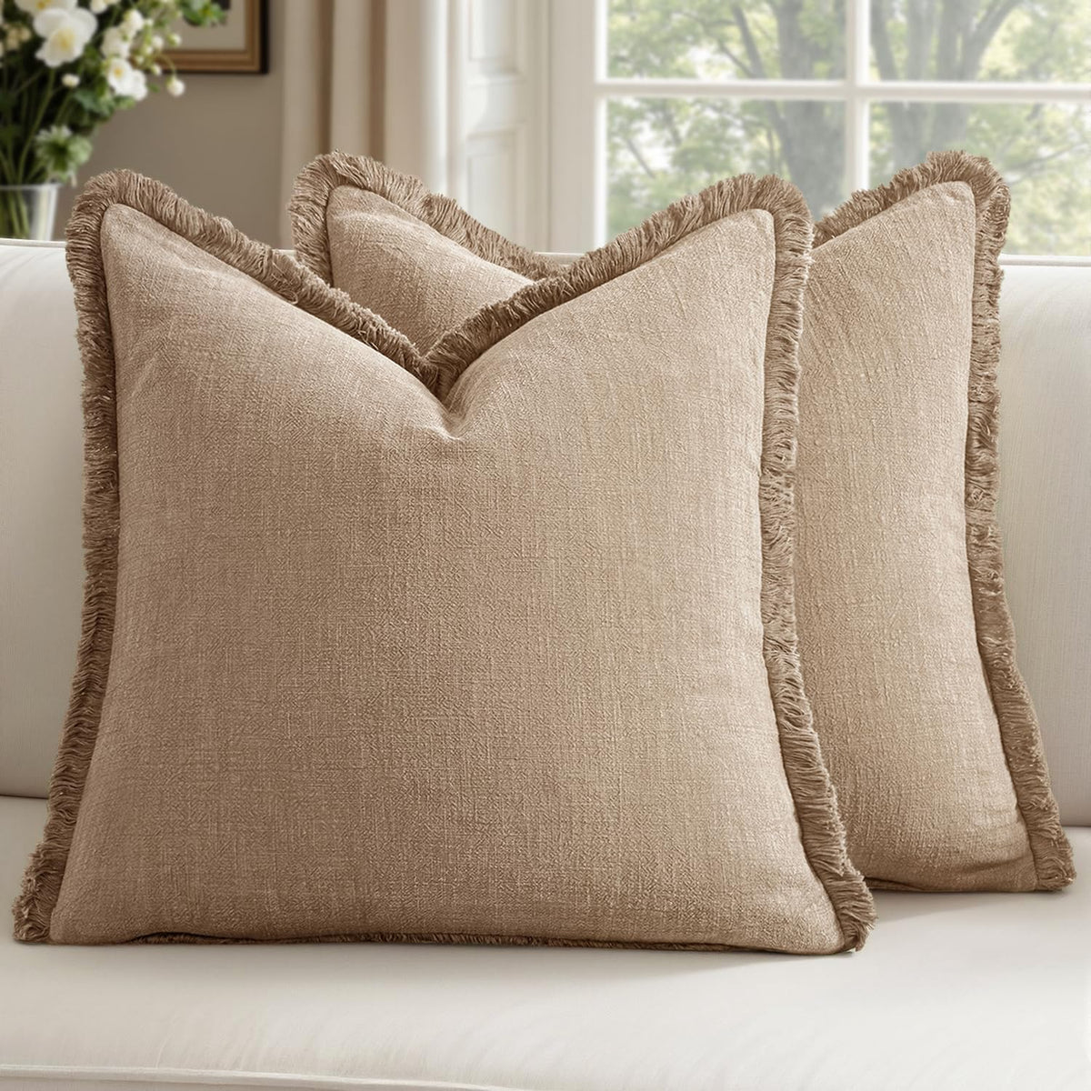 Linen Fringe Throw Pillow Covers 20x20 Inch Set of 2,Navy Blue