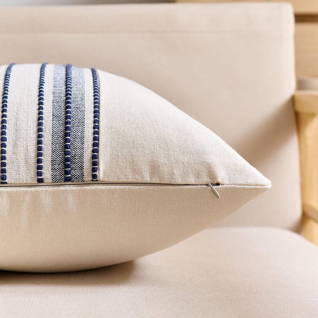 KINDREX Striped Linen Decorative Throw Pillow Covers 18x18 Navy Blue