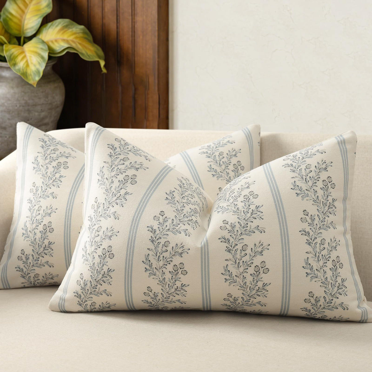 Vintage Throw Pillow Covers 20x20 Set of 2, Striped Floral Pillow Cover Botanical Patterned Decorative Cushion Covers Modern Farmhouse Home Decor for Sofa Couch Bed Living Room, Light Blue