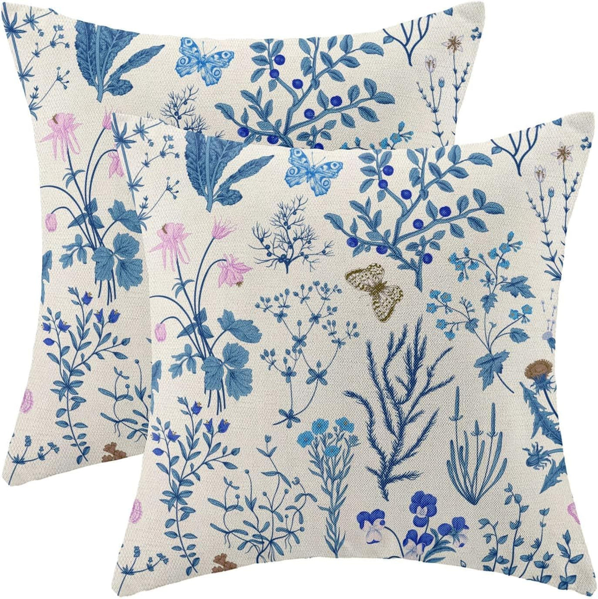 AEIOAE Spring Pillow Covers 18x18 Inch Set of 2,Blue Teal Wild Flower Plant Throw Pillows Case,Seasonal Floral Outdoor Decorative Square Linen Farmhouse Decor Cushion Covers for Home Sofa Bed Couch