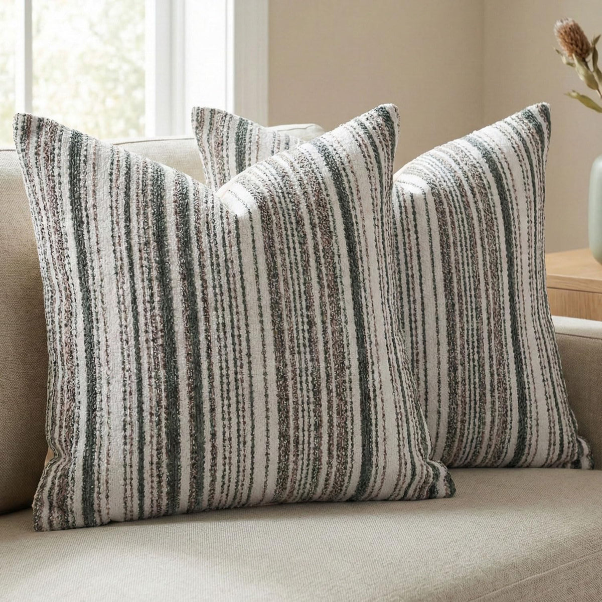 Set of 2 Striped Chenille Throw Pillow Covers 18x18 Inches Premium Plush Textured Decorative Cushion Covers Reinforced Hidden Zipper Mid-Century Modern Farmhouse Decor for Couch Sofa Beige