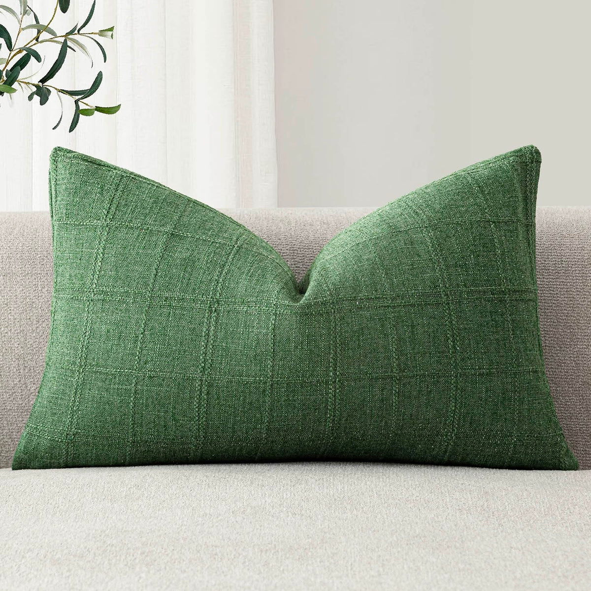 Foindtower Set of 1 Decorative Linen Check Throw Pillow Cover Neutral Farmhouse Lumbar Cushion Cover Modern Boho Home Decor for Sofa Chair Couch Bedroom Living Room,12×20 Inch,Olive Green