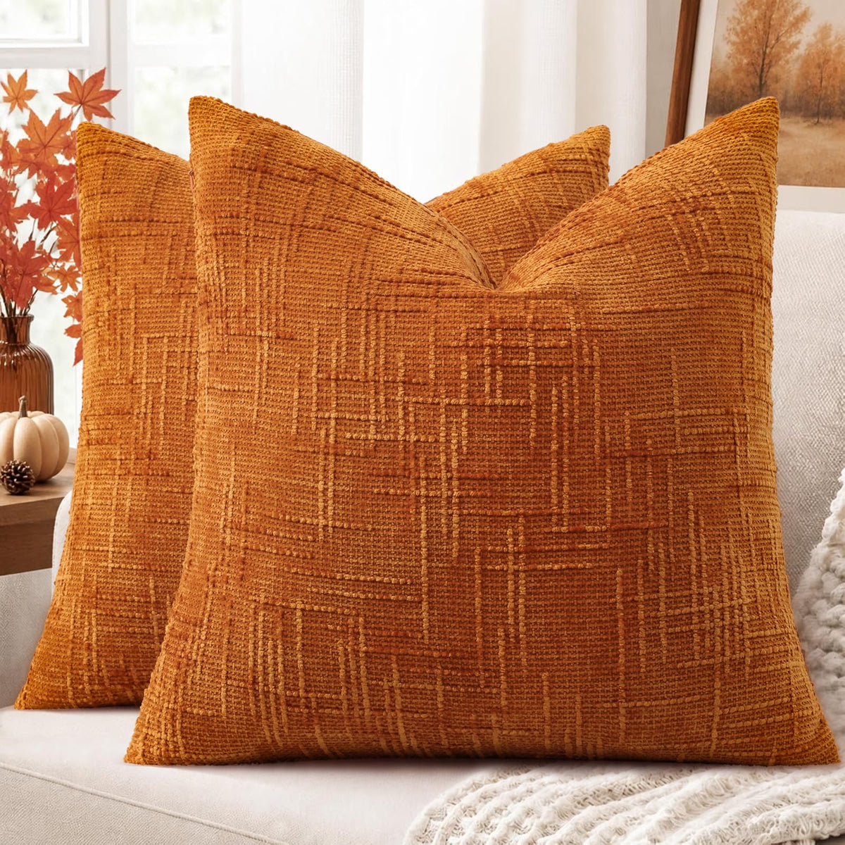 decorUhome Textured Chenille Throw Pillow Covers 18x18 Set of 2 Ivory