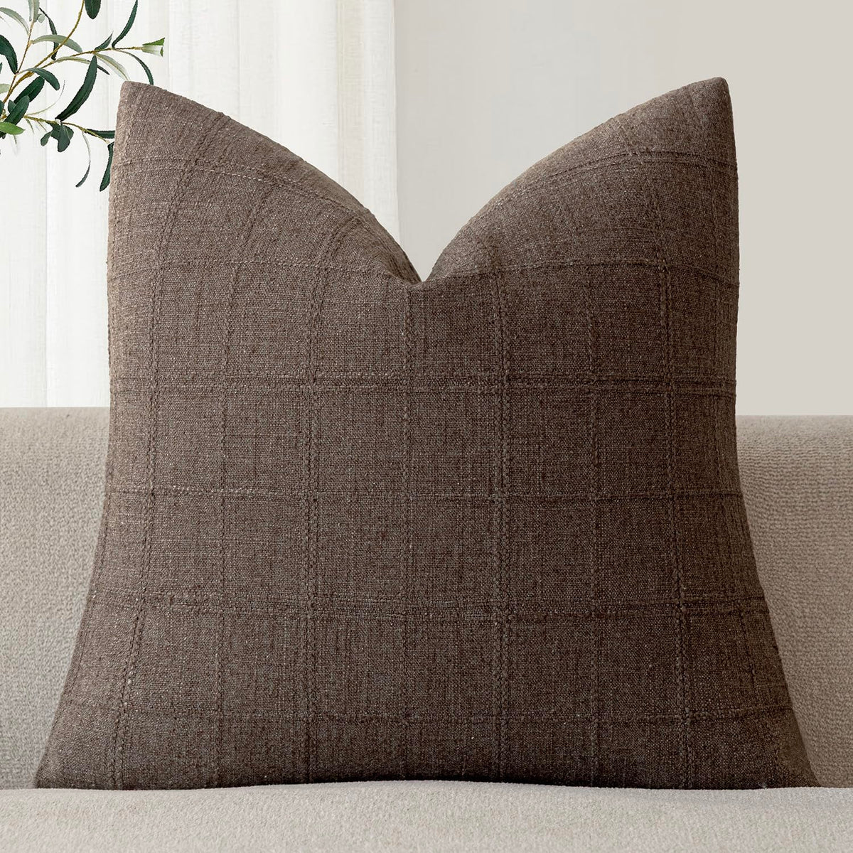 Foindtower Set of 1 Decorative Linen Check Throw Pillow Cover Neutral Farmhouse Lumbar Cushion Cover Modern Boho Home Decor for Sofa Chair Couch Bedroom Living Room,12×20 Inch,Olive Green