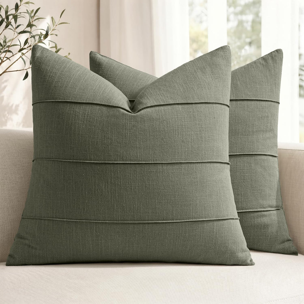 MIULEE Decorative Linen Throw Pillow Covers 18x18 Natural Beige Striped