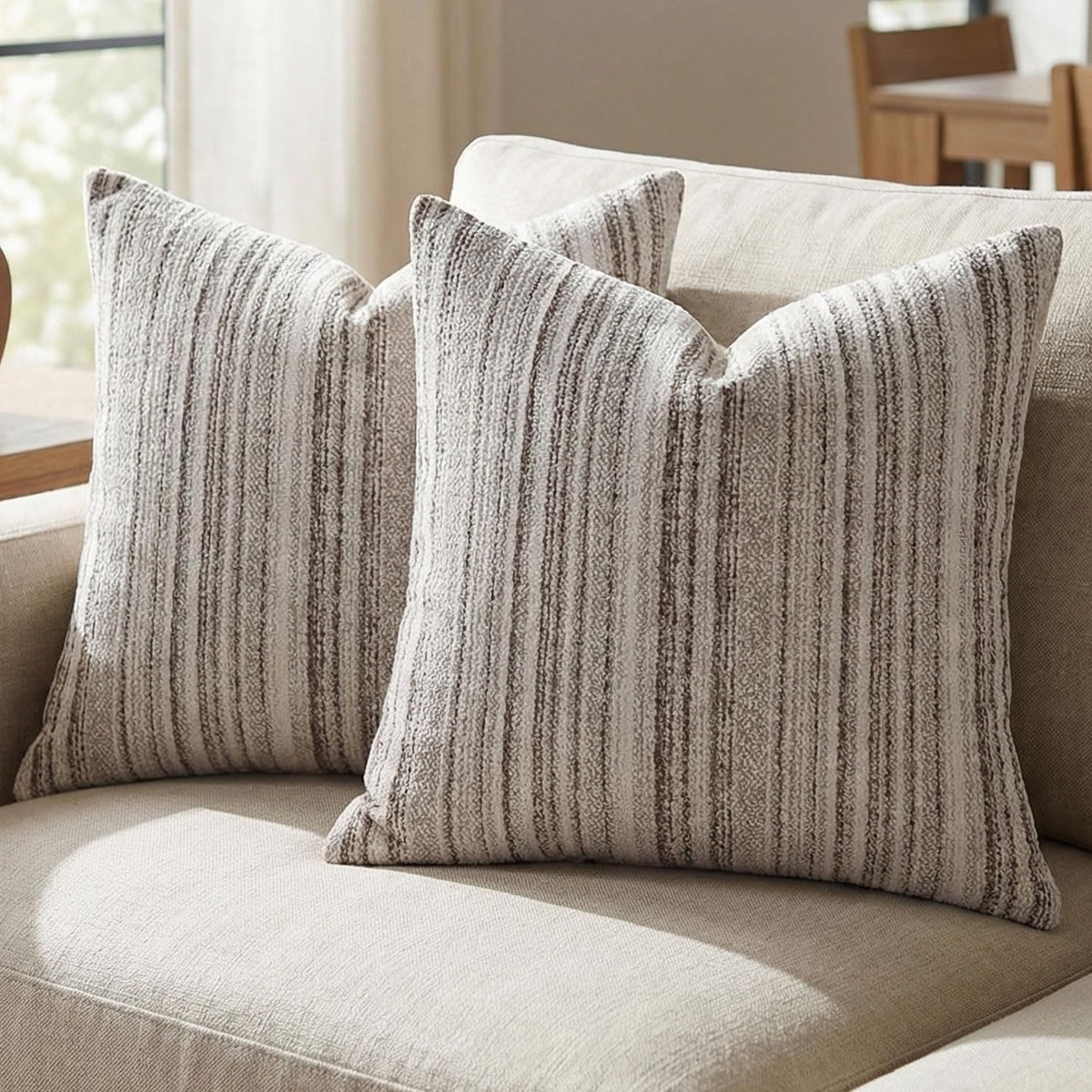 Set of 2 Striped Chenille Throw Pillow Covers 18x18 Inches Premium Plush Textured Decorative Cushion Covers Reinforced Hidden Zipper Mid-Century Modern Farmhouse Decor for Couch Sofa Beige
