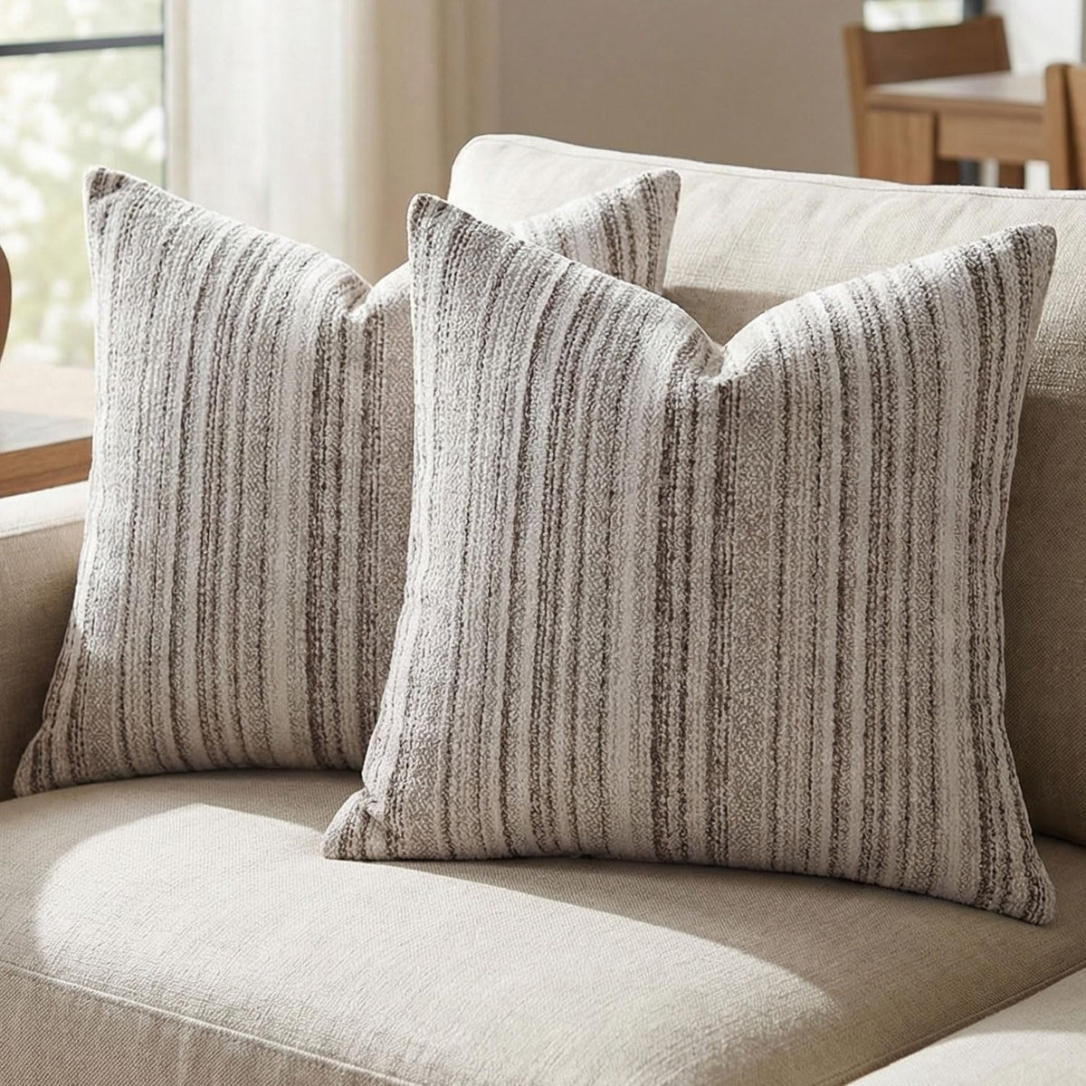 Set of 2 Striped Chenille Throw Pillow Covers 18x18 Inches Premium Plush Textured Decorative Cushion Covers Reinforced Hidden Zipper Mid-Century Modern Farmhouse Decor for Couch Sofa Beige