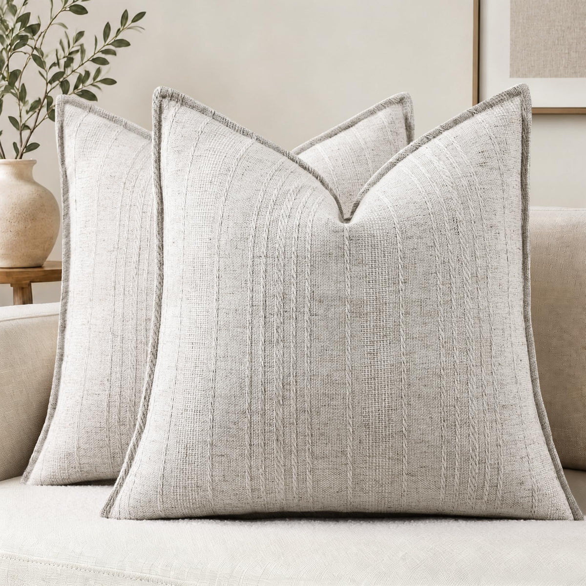 decorUhome Sage Green Textured Linen Throw Pillow Covers 18x18 Set of 2