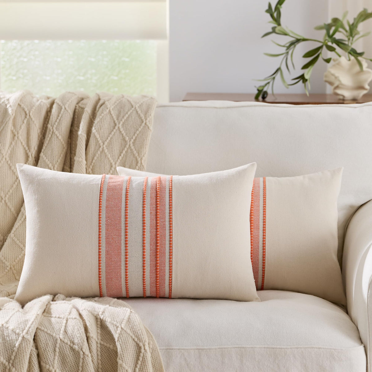 KINDREX Striped Linen Decorative Throw Pillow Covers 18x18 Navy Blue