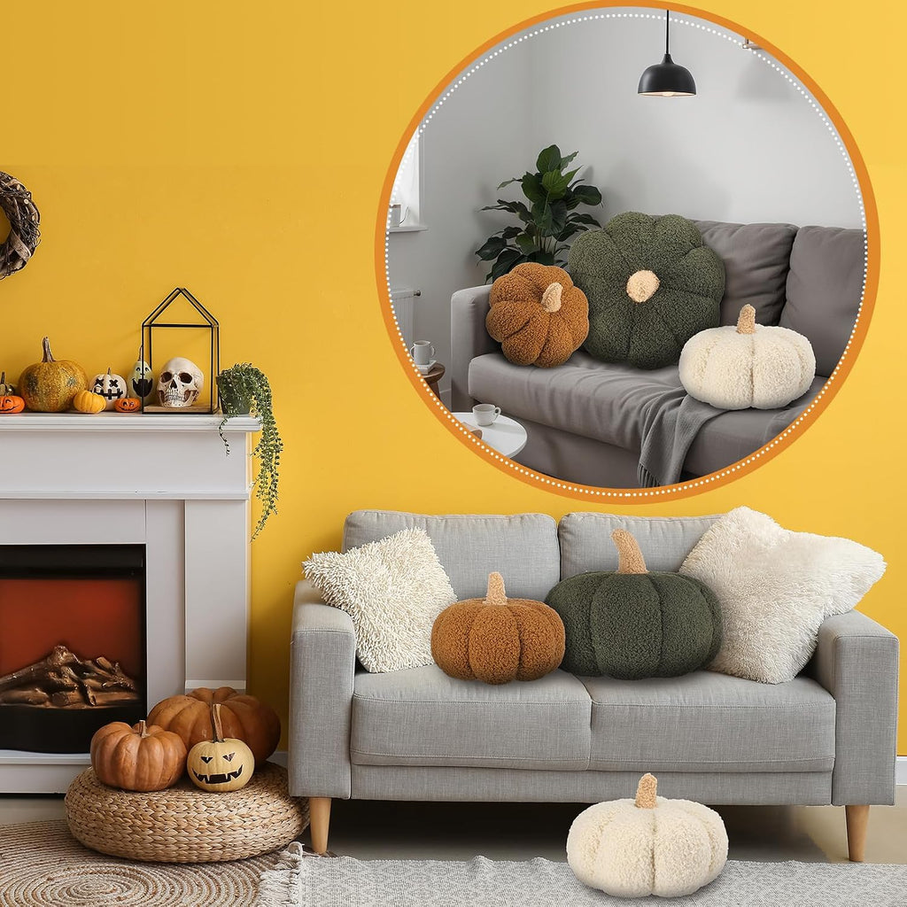 Briwooody 3 Pcs Fall Halloween Pumpkin Throw Pillow, 3D, Sherpa, 3 Color