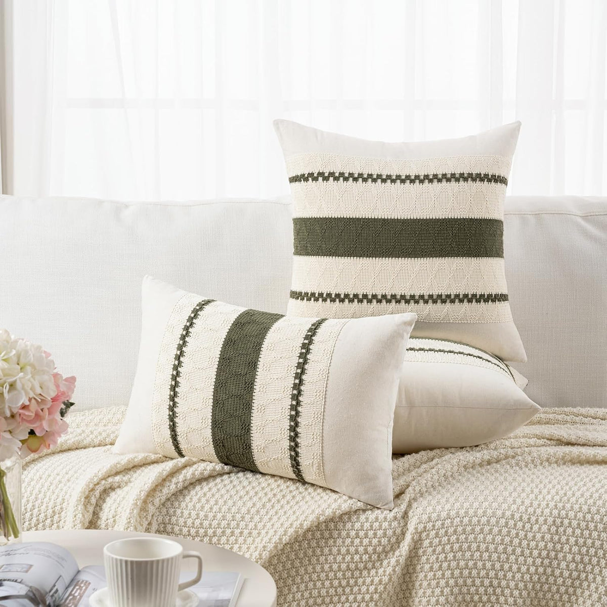 Fancy Homi Set of 2 Boho Olive Green Decorative Throw Pillow Cover 18x18 Inch for Couch Bed Sofa, Aesthetic Modern Organic Farmhouse Home Decor, Soft Cotton Cute Accent Macrame Woven Cushion Case