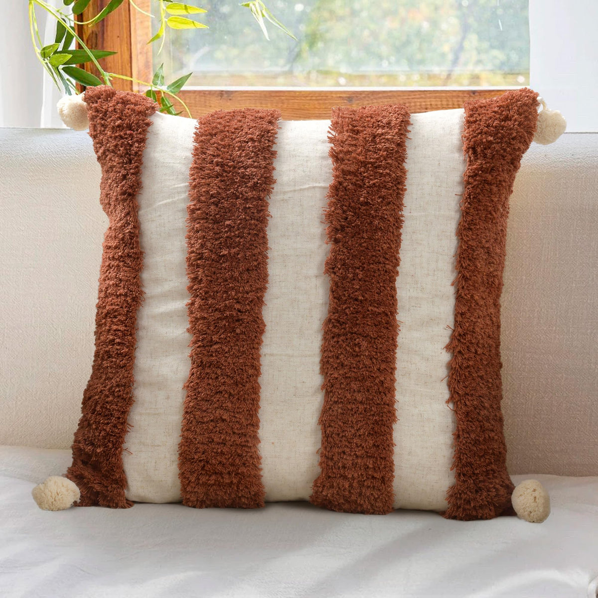 Boho Sofa Throw Pillow Covers – Exquisitely Crafted with Hand-Finished Tuft with Thick Cotton Tassel Details – Soft & Stylish Moroccan Decorative, 18x18inch (Spring Ruched)