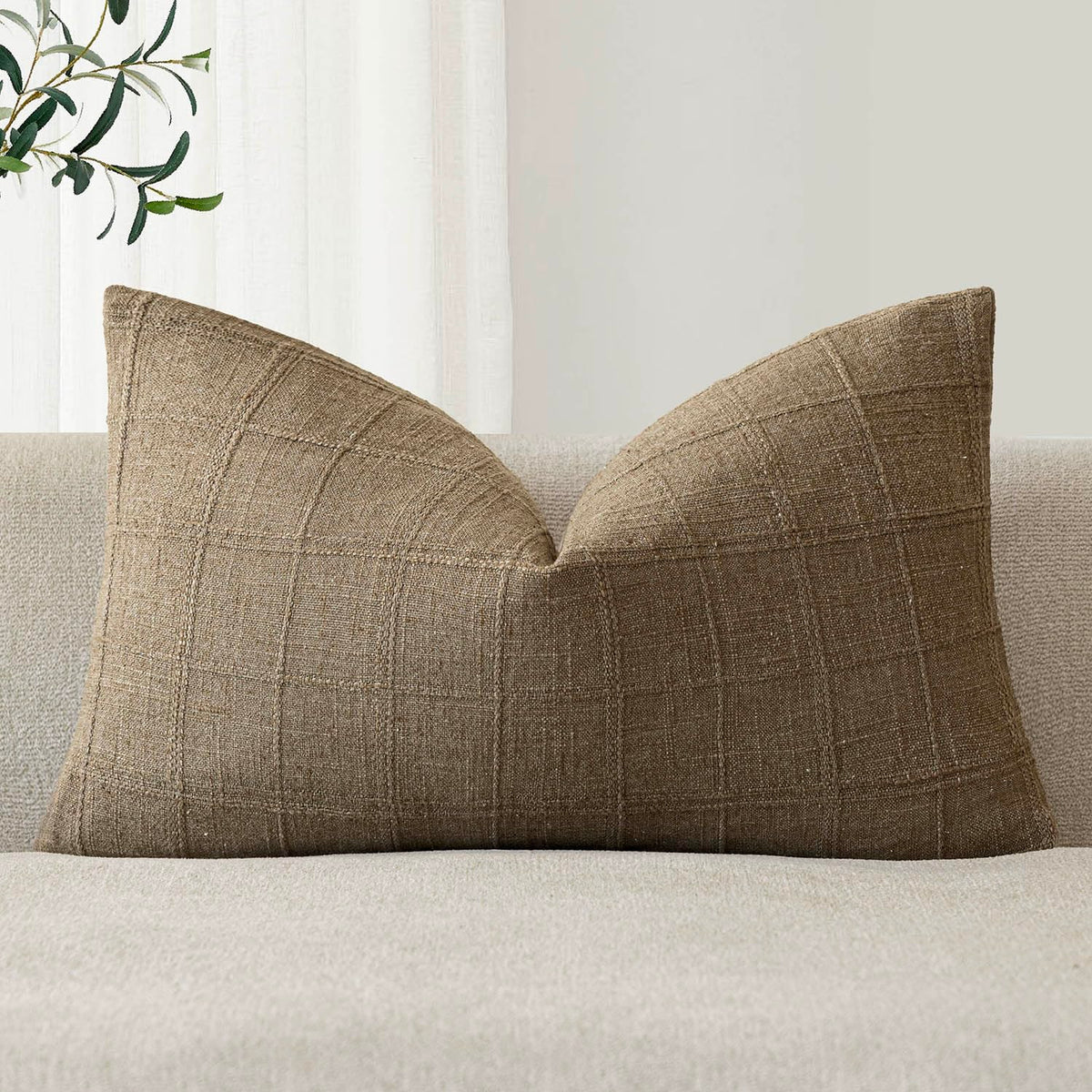 Foindtower Set of 1 Decorative Linen Check Throw Pillow Cover Neutral Farmhouse Lumbar Cushion Cover Modern Boho Home Decor for Sofa Chair Couch Bedroom Living Room,12×20 Inch,Olive Green