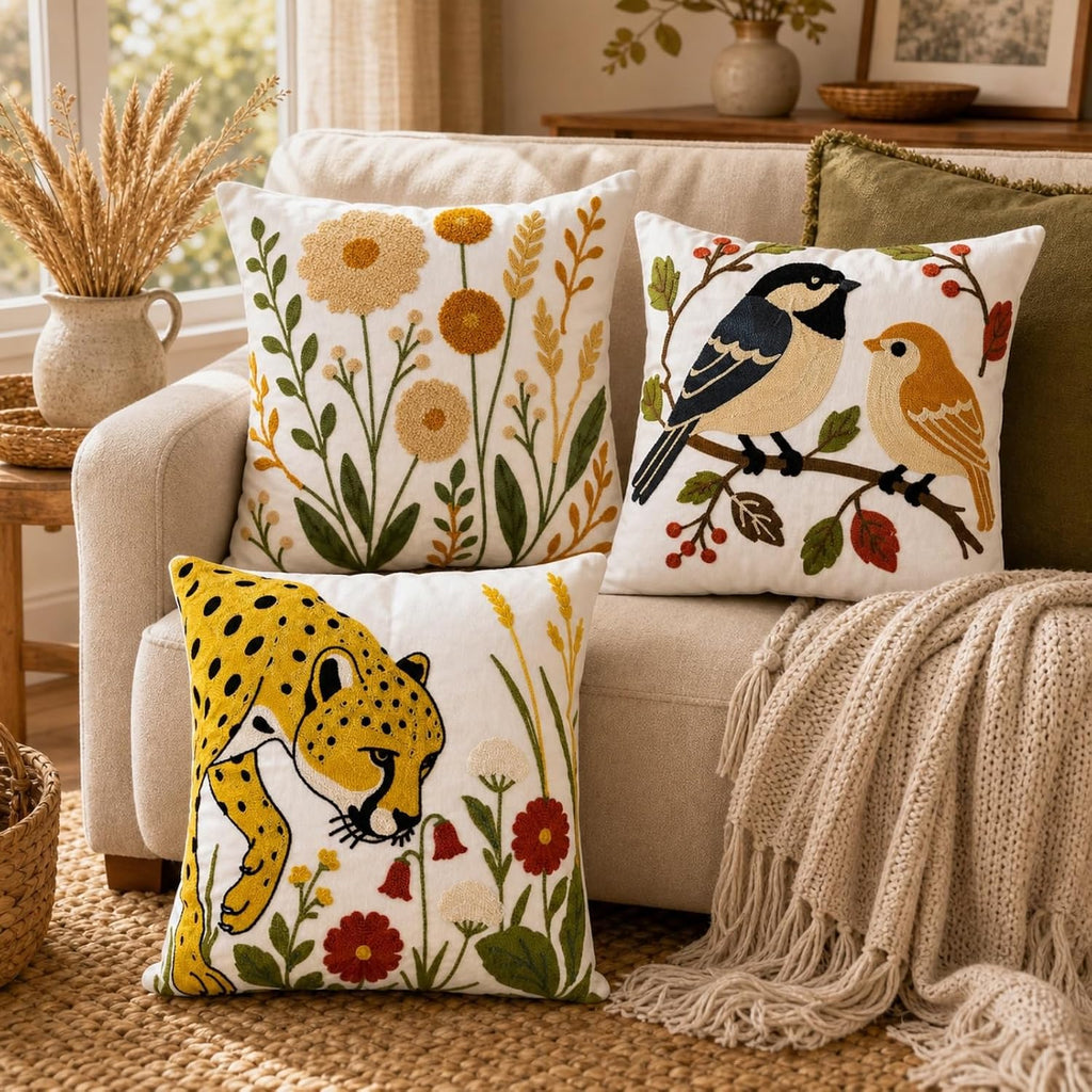 Embroidered Floral Throw Pillow Cover, 18x18 Inch Decorative Pillowcase