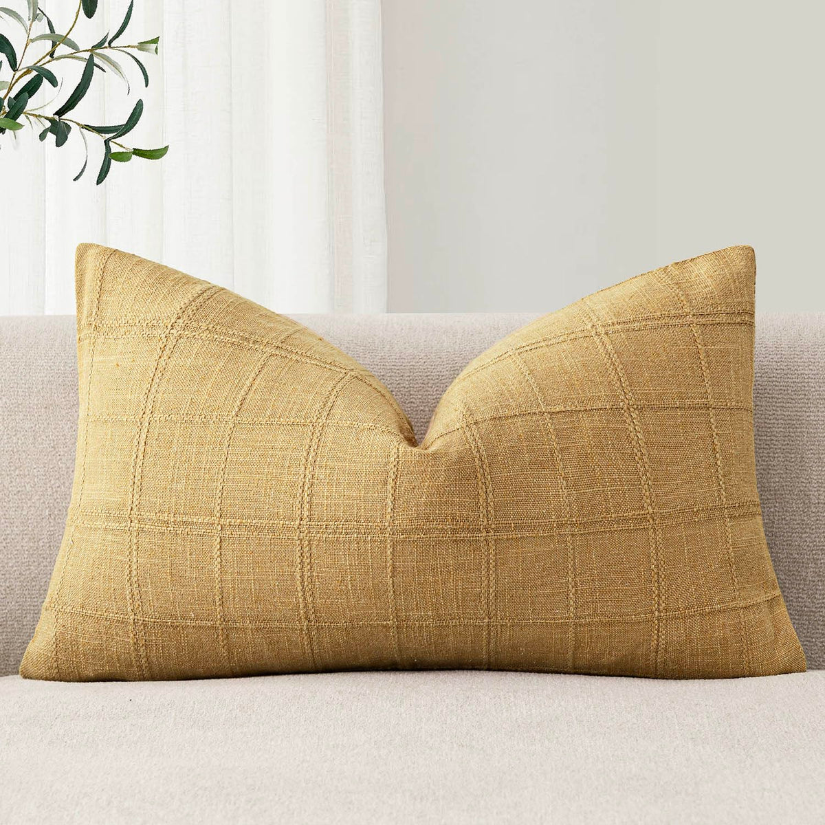 Foindtower Set of 1 Decorative Linen Check Throw Pillow Cover Neutral Farmhouse Lumbar Cushion Cover Modern Boho Home Decor for Sofa Chair Couch Bedroom Living Room,12×20 Inch,Olive Green