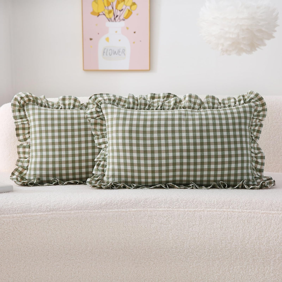 2 Pack Taupe White Gingham Ruffle Throw Pillow Covers 18''x18''