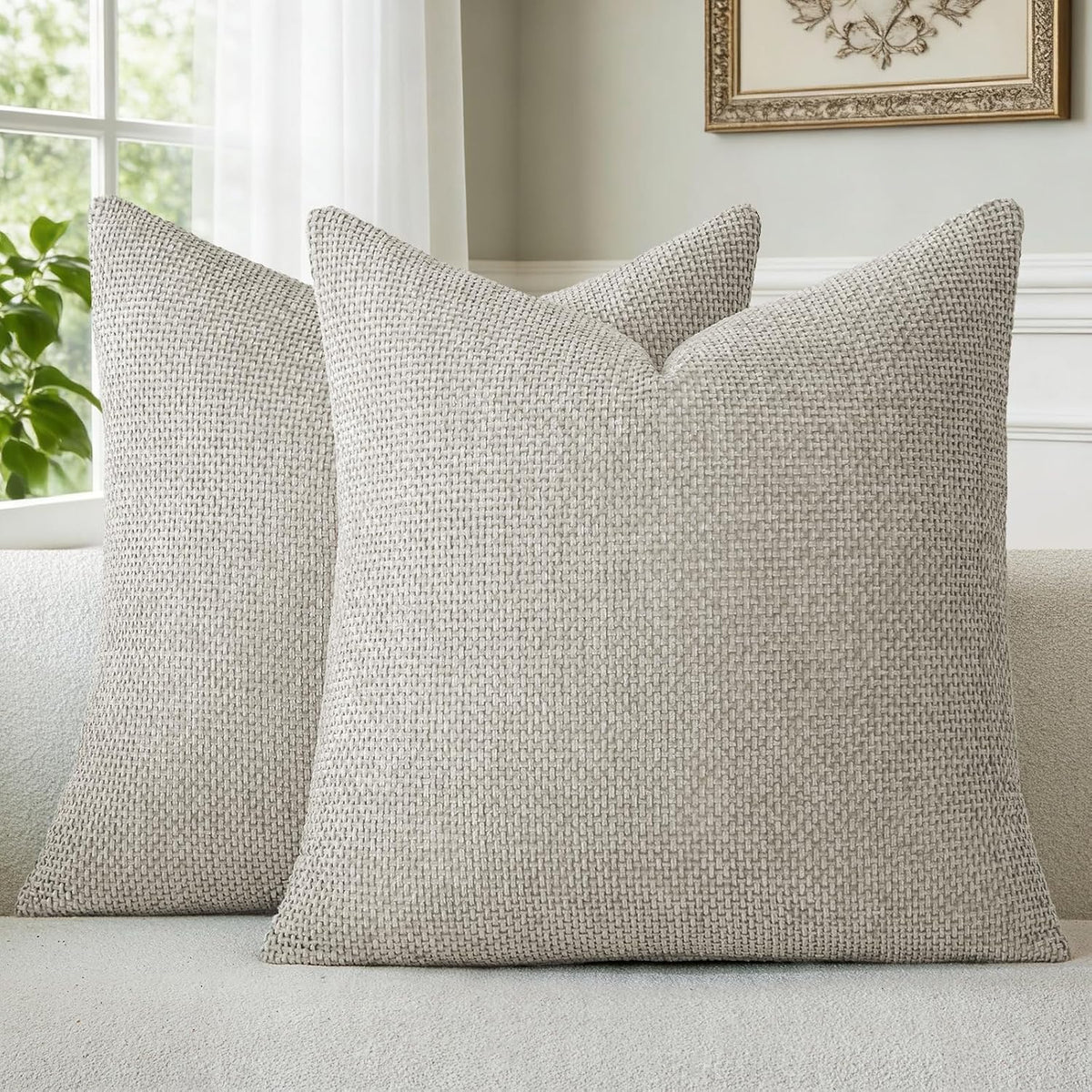 a moment Grey-Beige Chenille Throw Pillow Covers 16x16 Inch Pack of 2 Modern Decorative Throw Pillow Cases Farmhouse Cross Throw Pillowcases Home Decor for Sofa Bedroom Living Room