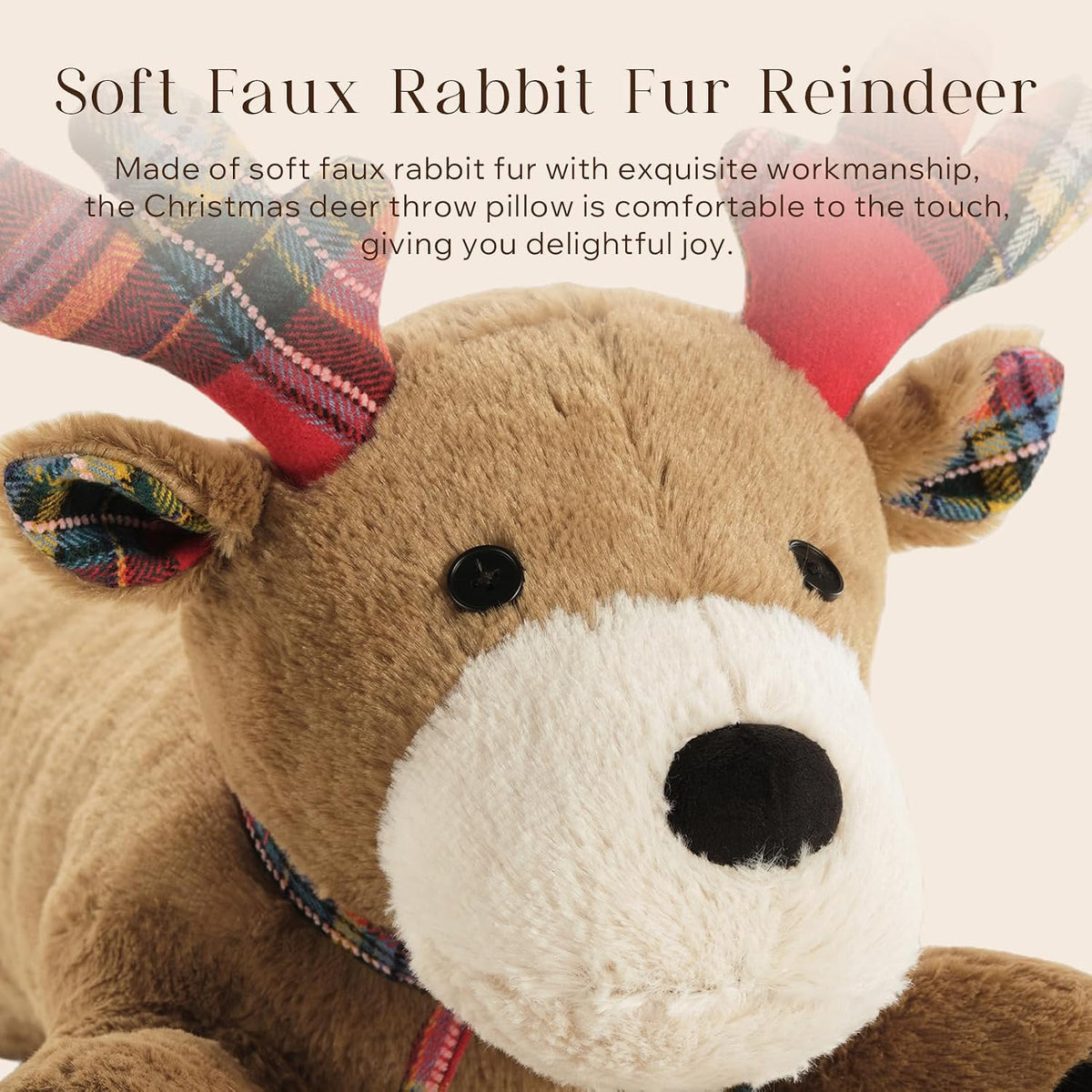 Phantoscope Christmas Animal Series, Reindeer Shaped Throw Pillow with Bell, Faux Rabbit Fur Christmas Body Pillow Decorative Pillows for Couch Sofa Bed, Light Brown Reindeer 30.5 x 9 inches