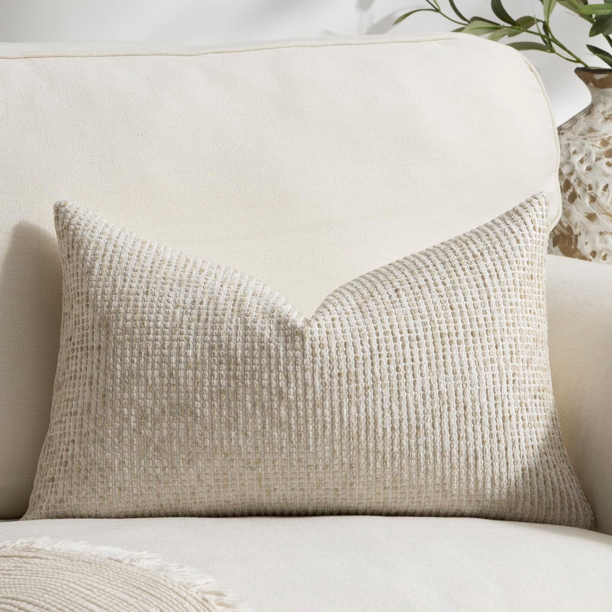 Pack of 2 Neutral Throw Pillow Covers 18x18 Boho Textured Dots Stripe Chenille Square Decorative Pillow Cases Accents for Living Room Couch Bed Farmhouse Home Decor, Taupe