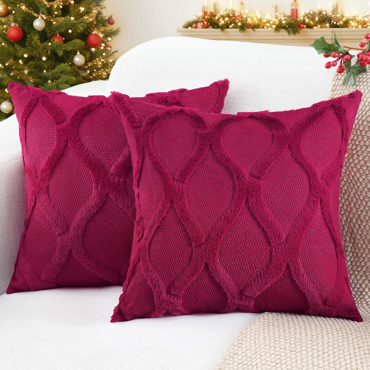 decorUhome Fall Throw Pillow Covers 18x18 Inch Set of 2, Soft Plush Faux Fur Wool Rust Couch Pillow Covers, Decorative Neutral Pillow Cases for Bed Sofa Living Room Home Decor