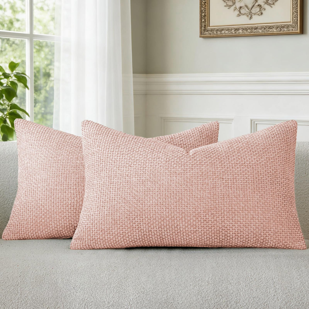 a moment Grey-Beige Chenille Throw Pillow Covers 16x16 Inch Pack of 2 Modern Decorative Throw Pillow Cases Farmhouse Cross Throw Pillowcases Home Decor for Sofa Bedroom Living Room