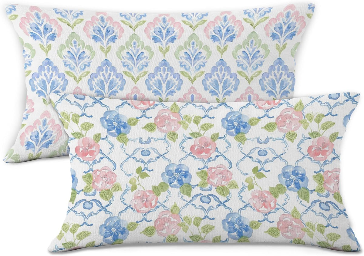 Preppy Blue and Pink Green Floral Throw Pillow Covers Set of 2