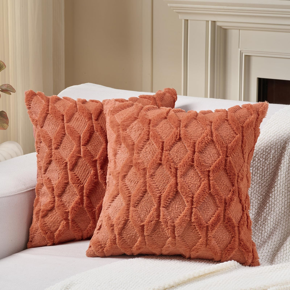 Volcanics Pack of 2 Faux Wool Light Brown Throw Pillow Covers 20x20 Inch