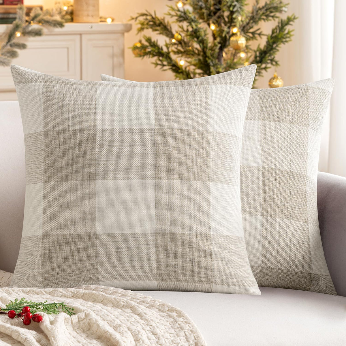 MIULEE Christmas Plaid Pillow Covers 18x18 White and Red Pack of 2